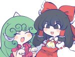  2girls black_hair blush bow chahan_(fried_rice0614) closed_eyes collared_shirt commentary detached_sleeves fangs frilled_bow frilled_hair_tubes frilled_necktie frilled_shirt_collar frills green_hair hair_bow hair_tubes hakurei_reimu horns komano_aunn long_hair looking_ahead multiple_girls necktie open_mouth red_bow red_shirt red_skirt ribbon-trimmed_sleeves ribbon_trim shirt simple_background single_horn skirt touhou white_background yellow_necktie 