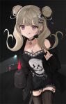  1girl 91_(9_il1) :q absurdres alternate_costume black_choker black_jacket black_nails black_thighhighs blonde_hair choker cross cross_necklace double_bun ghost_hair_ornament hair_bun hair_ornament highres jacket jewelry long_hair necklace nijisanji nijisanji_en open_clothes open_jacket reimu_endou ring solo thigh-highs tongue tongue_out violet_eyes virtual_youtuber x_hair_ornament 