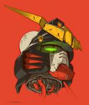  artist_name cable english_commentary from_below glowing glowing_eye green_eyes gundam gundam_deathscythe gundam_wing head_only highres mecha mobile_suit moon red_background robbie_trevino robot science_fiction solo v-fin 
