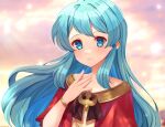  1girl aged_down aqua_eyes aqua_hair bracelet closed_mouth dress edamameoka eirika_(fire_emblem) eirika_(twin_refulgence)_(fire_emblem) fire_emblem fire_emblem:_the_sacred_stones fire_emblem_heroes hand_on_own_chest highres jewelry long_hair looking_at_viewer official_alternate_costume red_dress sidelocks solo upper_body 