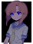  1girl a_(poipiku_325815) black_background blood blood_on_clothes blue_eyes blue_sailor_collar border commentary_request expressionless half-closed_eyes higurashi_no_naku_koro_ni neckerchief orange_hair rain ryuuguu_rena sailor_collar shirt short_hair short_sleeves solo upper_body wet white_border white_shirt yellow_neckerchief 