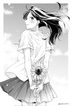  1girl blush clouds collared_shirt cowboy_shot day floating_hair flower from_behind gradient_sky highres holding holding_behind_back holding_flower leaf long_hair looking_afar looking_back monochrome nape original outside_border parted_lips pleated_skirt saitou_shiori_(pixiv14549321) shirt short_sleeves skirt sky solo stalk summer sunflower sweat turning_head twitter_username wind 