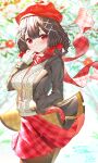  1girl bag black_hair blush bow bowtie commission handbag highres holding holding_clothes holding_scarf kiramarukou original pleated_skirt red_bow red_bowtie red_eyes red_headwear red_scarf red_skirt scarf short_hair skeb_commission skirt star_(symbol) winter_clothes 