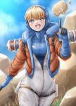  1girl :d animification apex_legends blonde_hair blue_bodysuit blue_eyes blue_gloves blush bodysuit cable clouds electricity gloves grass highres hood hood_down hood_up hooded_bodysuit jacket lightning_bolt_symbol looking_to_the_side open_mouth orange_jacket pointing ribbed_bodysuit rock scar scar_on_cheek scar_on_face sky smile solo sorata_(fuyuki_15_50) wattson_(apex_legends) white_bodysuit 
