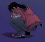  1boy absurdres black_hair brown_jacket closed_mouth commentary_request dog fingernails full_body grey_footwear grey_pants highres inudori itou_kaiji jacket kaiji long_hair long_sleeves male_focus pants petting purple_background scar scar_on_cheek scar_on_face shoes sneakers solo squatting 