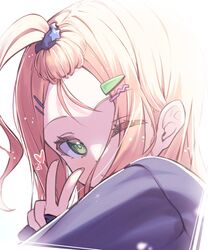  1girl ;o bloom blush caron_(straycat910) eyes_visible_through_hair forehead green_eyes hair_ornament hair_over_one_eye hairclip heart highres long_hair long_sleeves looking_at_viewer one_eye_closed orange_hair original parted_lips solo topknot upper_body v yanagi_haru 