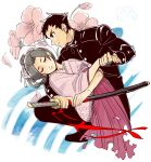  1boy 1girl ace_attorney black_eyes black_footwear black_hair black_jacket black_pants buttons closed_eyes closed_mouth commentary_request crying falling_petals flower frown hakama hakama_skirt holding_hands jacket japanese_clothes kimono pants parted_lips petals pink_flower pink_kimono red_ribbon ribbon ryunosuke_naruhodo sheath shoes short_hair skirt susato_mikotoba sword tears the_great_ace_attorney tomaopai torn_clothes torn_hakama weapon 