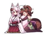  2girls animal_ears black_gloves blush book breasts brown_gloves brown_hair brown_thighhighs closed_eyes closed_mouth elbow_gloves fingerless_gloves fox_ears fox_girl fox_tail gloves highres holding holding_book hugging_another&#039;s_tail hugging_tail japanese_clothes leaf leaf_on_head littlecloudie long_hair medium_breasts miko multiple_girls original raccoon_ears raccoon_girl raccoon_tail red_eyes seiza short_hair short_ponytail simple_background sitting tail thigh-highs wariza white_background white_hair 