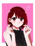  1girl arima_kana bare_arms bare_shoulders blush bob_cut closed_mouth finger_heart heart highres inverted_bob light_blush looking_at_viewer oshi_no_ko pink_background red_eyes redhead short_hair simple_background solo sweater tonton_(6kbgievnt89kt1f) upper_body 