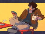  1boy absurdres ashtray belt black_belt black_eyes black_footwear black_hair black_shirt bomber_jacket brown_jacket chair coffee coffee_mug commentary_request cup figure_four_sitting foot_out_of_frame grey_pants highres holding holding_cup holding_newspaper inudori itou_kaiji jacket kaiji long_hair long_sleeves male_focus medium_bangs mug newspaper open_clothes open_jacket open_mouth pants rolled_up_newspaper scar scar_on_cheek scar_on_face shirt shoe_soles shoes solo table teeth yellow_background 