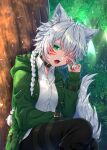  1girl against_tree animal_ears black_pants braid collar facial_mark fangs forest green_eyes green_hoodie hair_over_shoulder highres hood hood_down hoodie indie_virtual_youtuber long_hair long_sleeves looking_at_viewer nature one_eye_closed open_clothes open_hoodie pants red_nails regna_taisa routo_(rot_0) shirt single_braid sleepy tail tree unzipped virtual_youtuber whisker_markings white_hair white_shirt wolf_ears wolf_girl wolf_tail 