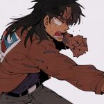  1boy belt black_belt black_hair black_shirt bomber_jacket brown_jacket clenched_hand commentary_request cowboy_shot crying crying_with_eyes_open fingernails grey_pants highres inudori itou_kaiji jacket kaiji long_hair long_sleeves looking_afar male_focus medium_bangs open_mouth pants shirt simple_background solo tears teeth tongue united_nations_flag white_background white_eyes 