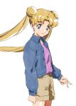  1girl bishoujo_senshi_sailor_moon blonde_hair blue_eyes double_bun earrings hair_bun happy highres hosiman jewelry shorts simple_background smile solo standing tsukino_usagi v white_background 