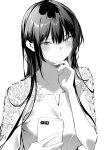  1girl blush cellphone collarbone commentary_request haitekudasai_takamine-san highres hiiragi_yuuichi holding holding_phone long_hair monochrome parted_lips phone smartphone solo takamine_takane upper_body 