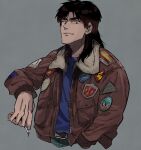  1boy belt black_eyes blue_shirt bomber_jacket brown_belt brown_hair brown_jacket cigarette closed_mouth commentary_request grey_background grey_pants highres holding holding_cigarette inudori itou_kaiji jacket kaiji long_hair looking_at_viewer male_focus medium_bangs open_clothes open_jacket pants parted_bangs patch shirt simple_background smile solo upper_body 