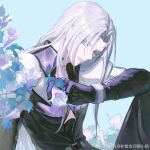  1boy arm_on_knee armor black_gloves blue_background bracer day expressionless final_fantasy final_fantasy_vii flower flower_request gloves green_eyes high_collar highres holding holding_flower leaf liyln02617464 long_hair long_sleeves male_focus outdoors pauldrons sephiroth shoulder_armor sitting slit_pupils solo white_flower white_hair 