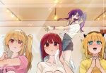  4girls :3 alternate_universe arima_kana black_shorts blonde_hair blue_eyes blush bob_cut bracelet breasts collarbone commentary_request demon_horns fang floating_hair funi_mu9 grey_shirt horns hoshino_ai_(oshi_no_ko) hoshino_ruby indoors inverted_bob jewelry long_hair medium_breasts medium_hair memcho mismatched_pupils mother_and_daughter multiple_girls no_pupils open_mouth oshi_no_ko own_hands_clasped own_hands_together pink_eyes pink_shirt pointing pointing_at_self purple_hair red_eyes redhead shirt short_hair short_sleeves shorts side_ponytail sidelocks smile standing standing_on_one_leg star-shaped_pupils star_(symbol) sweat symbol-shaped_pupils teeth towel upper_teeth_only violet_eyes white_shirt wiping_sweat yellow_shirt 