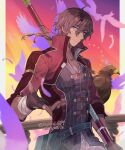  1boy ahoge animal arm_wrap belt_pouch bird blue_eyes brown_hair dated double-parted_bangs eagle eiyuu_densetsu falling_feathers feathers fingerless_gloves gaius_worzel gloves hair_between_eyes holding holding_polearm holding_weapon jacket mullet polearm pouch saymel679 sen_no_kiseki sen_no_kiseki_iii smile spear twitter_username weapon 