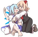  2girls ascot barefoot blonde_hair blue_bow blue_eyes blue_hair blush_stickers bow brown_footwear cirno collared_shirt fairy frilled_skirt frills hair_bow hair_ribbon ice ice_wings long_sleeves multiple_girls open_mouth red_ascot red_eyes red_ribbon red_skirt red_vest ribbon rumia shinmon_akika shirt shoes short_hair short_sleeves simple_background skirt smile touhou vest white_background white_shirt wings 