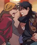  2boys black_eyes black_shirt blonde_hair bomber_jacket brown_jacket clenched_hand clenched_teeth commentary_request cowboy_shot highres inudori itou_kaiji jacket kaiji kitami_(kaiji) long_hair long_sleeves looking_at_another male_focus medium_bangs multiple_boys open_clothes open_jacket open_mouth profile red_jacket shirt shirt_grab teeth 