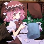  1girl animal_ears apron bird_ears bird_wings blush brown_dress brown_headwear brown_wings collared_shirt commentary cooking_pot dress grey_eyes hat holding holding_cooking_pot mystia_lorelei open_mouth pink_hair puffy_short_sleeves puffy_sleeves shirt short_hair short_sleeves solo touhou upper_body white_apron white_shirt winged_hat wings yoruuta 