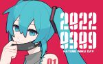  1girl absurdres blue_eyes blue_hair closed_mouth collared_shirt commentary_request dated grey_shirt hair_between_eyes hair_ornament hatsune_miku highres long_bangs long_hair looking_at_viewer mask mask_pull miku_day mouth_mask red_background shirt simple_background sleeveless sleeveless_shirt smile solo twintails uziki_ntoki vampire_(vocaloid) vocaloid 