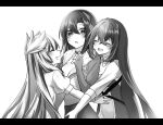  3girls alear_(female)_(fire_emblem) alear_(fire_emblem) blush closed_eyes dress fire_emblem fire_emblem_engage greyscale hair_ornament long_hair long_sleeves looking_at_another monochrome multicolored_hair multiple_girls nekoyasiki_luna nel_(fire_emblem) open_mouth short_hair short_sleeves smile two-tone_hair very_long_hair veyle_(fire_emblem) white_background 