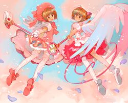  barukurii bow brown_hair cardcaptor_sakura dress dual_persona gloves green_eyes happy holding holding_wand kinomoto_sakura magical_girl open_mouth pink_bow pink_footwear pink_headwear wand white_dress white_footwear white_gloves wings 