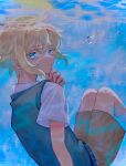  0tz026 1boy basil_(omori) blonde_hair blue_eyes brown_shorts collared_shirt crying crying_with_eyes_open green_sweater_vest highres looking_at_viewer omori parted_lips shirt short_hair short_sleeves shorts socks solo sweater_vest tears underwater white_shirt white_socks 