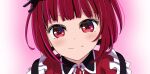  1girl ao_(korindou) arima_kana blush bob_cut closed_mouth dress hair_ornament hairpin happy idol idol_clothes inverted_bob lace light_blush looking_at_viewer oshi_no_ko pink_background red_eyes red_shirt redhead shirt short_hair simple_background smile solo solo_focus 