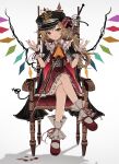  1girl absurdres black_headwear blonde_hair crossed_legs dress flandre_scarlet hat highres looking_at_viewer military_hat ougiikun rainbow_wings red_dress red_eyes red_footwear sitting solo throne touhou 