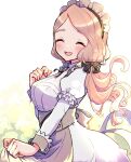  1girl breasts closed_mouth clothes_lift dress dress_lift fire_emblem fire_emblem:_three_houses fire_emblem_heroes gogatsu_(yeaholiday) hair_ribbon hand_on_own_chest light_brown_hair long_hair low_ponytail maid maid_headdress medium_breasts mercedes_von_martritz mercedes_von_martritz_(tea_party) open_mouth ribbon solo waitress 
