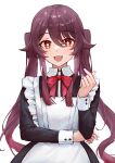  1girl :d alternate_costume apron black_shirt blush bow bowtie brown_hair collared_shirt dress_shirt enmaided genshin_impact hair_between_eyes highres hu_tao_(genshin_impact) long_hair long_sleeves looking_at_viewer maid non09_24 red_bow red_bowtie red_eyes shirt simple_background smile solo standing symbol-shaped_pupils twintails very_long_hair white_apron white_background wing_collar 