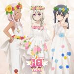  3girls absurdres album_cover anniversary bare_shoulders black_hair blush braid breasts brown_eyes chloe_von_einzbern cover dark-skinned_female dark_skin dress dress_flower fate/kaleid_liner_prisma_illya fate_(series) feet_out_of_frame flat_chest flower flower_wreath grey_hair hair_flower hair_ornament head_wreath highres illyasviel_von_einzbern long_hair looking_at_viewer miyu_edelfelt multiple_girls official_art orange_eyes pink_flower pink_hair pink_rose rose side_braid sleeveless sleeveless_dress small_breasts smile twin_braids white_dress 