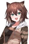  1girl :d animal_ear_fluff animal_ears black_shirt brown_hair brown_hoodie cat_ears cat_girl fumino_tamaki green_eyes highres hinjaku hood hood_down hoodie light_brown_hair looking_at_viewer multicolored_hair nijisanji open_clothes open_hoodie open_mouth shirt short_hair sketch smile two-tone_hair virtual_youtuber 