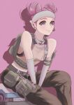  1girl absurdres apex_legends backpack bag between_legs black_pants breasts brown_tank_top cosplay d.o.c._health_drone detached_sleeves earpiece hair_behind_ear hand_between_legs headband highres laica_(nekologos_games) leaning_forward lifeline_(apex_legends) lifeline_(apex_legends)_(cosplay) looking_at_viewer mask mask_around_neck medium_breasts nekologos_games non-humanoid_robot pants pink_background pink_eyes pink_hair potato_(ewokakupotato) pouch robot sitting smile solo tank_top white_headband 