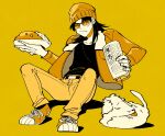  1boy beanie belt bomber_jacket closed_mouth commentary_request curry curry_rice dog food frown full_body hat highres holding holding_newspaper holding_plate inudori itou_kaiji jacket kaiji long_hair looking_at_animal looking_to_the_side male_focus monochrome newspaper open_clothes open_jacket pants plate rice rolled_up_newspaper scar scar_on_cheek scar_on_face shirt shoes sneakers solo standing sunglasses yellow_theme 
