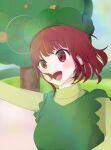 1girl arima_kana bell_pepper blue_sky blush bob_cut dress green_dress green_headwear happy highres inverted_bob looking_to_the_side open_mouth oshi_no_ko red_eyes redhead short_hair sky smile solo solo_focus tree 