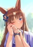  1girl 1other animal_ears blue_eyes blurry blurry_background blush brown_hair closed_mouth commentary_request ear_ornament grass_wonder_(umamusume) hand_on_another&#039;s_cheek hand_on_another&#039;s_face highres holding_hands horse_ears horse_girl long_hair multicolored_hair one_eye_closed outdoors pov purple_shirt school_uniform shirt smile solo_focus solokitsune streaked_hair tracen_school_uniform umamusume upper_body white_hair wristband 