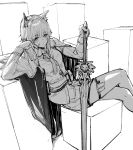  1girl absurdres animal_ear_fluff animal_ears arknights blush closed_mouth collared_shirt commentary_request crossed_legs feet_out_of_frame greyscale hair_between_eyes hand_on_hilt highres long_hair long_sleeves miao_ao_tian monochrome shirt short_shorts shorts simple_background sitting solo sword texas_(arknights) texas_the_omertosa_(arknights) vest weapon white_background 