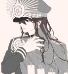  1girl absurdres closed_mouth expressionless family_crest fate/grand_order fate_(series) hair_over_one_eye hat highres long_hair long_sleeves looking_to_the_side medallion military_hat military_uniform nobbu-dan_8 oda_nobunaga_(fate) oda_uri peaked_cap portrait red_eyes simple_background solo uniform 