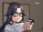  1girl 5th_republic_(2005_korean_drama) black_hair fake_screenshot furrowed_brow genderswap genderswap_(mtf) glasses gun handgun holding holding_gun holding_weapon kim_jae-gyu long_hair translated tuziki_sang vest walther walther_ppk weapon yellow_eyes 