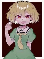  1girl :d a_(poipiku_325815) arm_behind_back black_hairband blonde_hair border brown_background commentary_request dress fang green_dress hair_between_eyes hairband hand_up higurashi_no_naku_koro_ni holding holding_syringe houjou_satoko looking_at_viewer neckerchief open_mouth puffy_short_sleeves puffy_sleeves red_eyes sailor_collar sailor_dress short_hair short_sleeves skin_fang smile solo syringe white_border white_sailor_collar yellow_neckerchief 