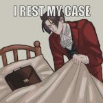  1boy ace_attorney ascot bed black_vest brown_hair closed_eyes closed_mouth covering_with_blanket drenacocrom english_text frilled_ascot frills grey_background hair_intakes highres impact_(font) jacket lapels layered_sleeves long_sleeves male_focus miles_edgeworth pillow pun red_jacket red_suit shirt short_hair solo suit suit_jacket suitcase three-piece_suit too_literal vest white_ascot white_shirt 