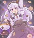  1girl apron basket braided_sidelock brown_apron cookie dress fire_emblem fire_emblem:_three_houses fire_emblem_heroes food frilled_dress frills highres holding holding_basket kutabireta_neko looking_at_viewer lysithea_von_ordelia lysithea_von_ordelia_(tea_party) maid maid_headdress official_alternate_costume official_alternate_hairstyle open_mouth solo teeth upper_body upper_teeth_only violet_eyes white_dress white_hair 