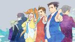  1girl 5boys :d ace_attorney apollo_justice athena_cykes blue_jacket blue_pants brown_eyes brown_hair collared_shirt commentary_request cropped_jacket green_necktie hair_ribbon jacket klavier_gavin miles_edgeworth multiple_boys necktie open_mouth orange_hair orange_vest pants phoenix_wright phoenix_wright:_ace_attorney_-_dual_destinies pointing pointing_at_viewer red_necktie ribbon satoo shirt short_hair side_ponytail simon_blackquill skirt smile vest white_shirt yellow_jacket yellow_skirt 