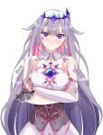  1girl :i arms_under_breasts black_corset blush bridal_gauntlets chest_jewel collar colored_inner_hair corset crossed_arms detached_collar dress grey_hair highres hololive hololive_english koseki_bijou long_hair looking_at_viewer multicolored_hair pink_hair pluv_hill puffy_cheeks single_bridal_gauntlet solo violet_eyes virtual_youtuber white_bridal_gauntlets white_collar white_dress 