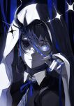  1girl black_hair blue_eyes collared_shirt colored_skin commentary earrings english_commentary glint glowing glowing_eye hair_between_eyes highres horns ishida_tatsuki jewelry looking_at_viewer original portrait shirt single_horn tearing_up tears veil white_skin 