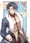  1boy black_hair blue_eyes chinese_clothes earrings eiyuu_densetsu fur_collar hair_over_one_eye hand_in_pocket highres jewelry kuro_no_kiseki looking_at_viewer nerujorlet solo twitter_username upper_body van_arkride 