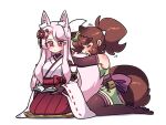  2girls animal_ears black_gloves blush book breasts brown_gloves brown_hair brown_thighhighs closed_eyes closed_mouth elbow_gloves fingerless_gloves fox_ears fox_girl fox_tail gloves highres holding holding_book hugging_another&#039;s_tail hugging_tail japanese_clothes leaf leaf_on_head littlecloudie long_hair medium_breasts miko multiple_girls original raccoon_ears raccoon_girl raccoon_tail red_eyes seiza short_hair short_ponytail simple_background sitting tail thigh-highs wariza white_background white_hair 